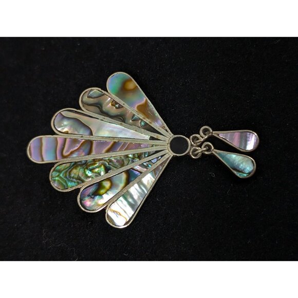 Vintage Alpaca Mexico Abalone Shell Onyx Inlay Fan Charm Brooch Pin Signed - Picture 2 of 9